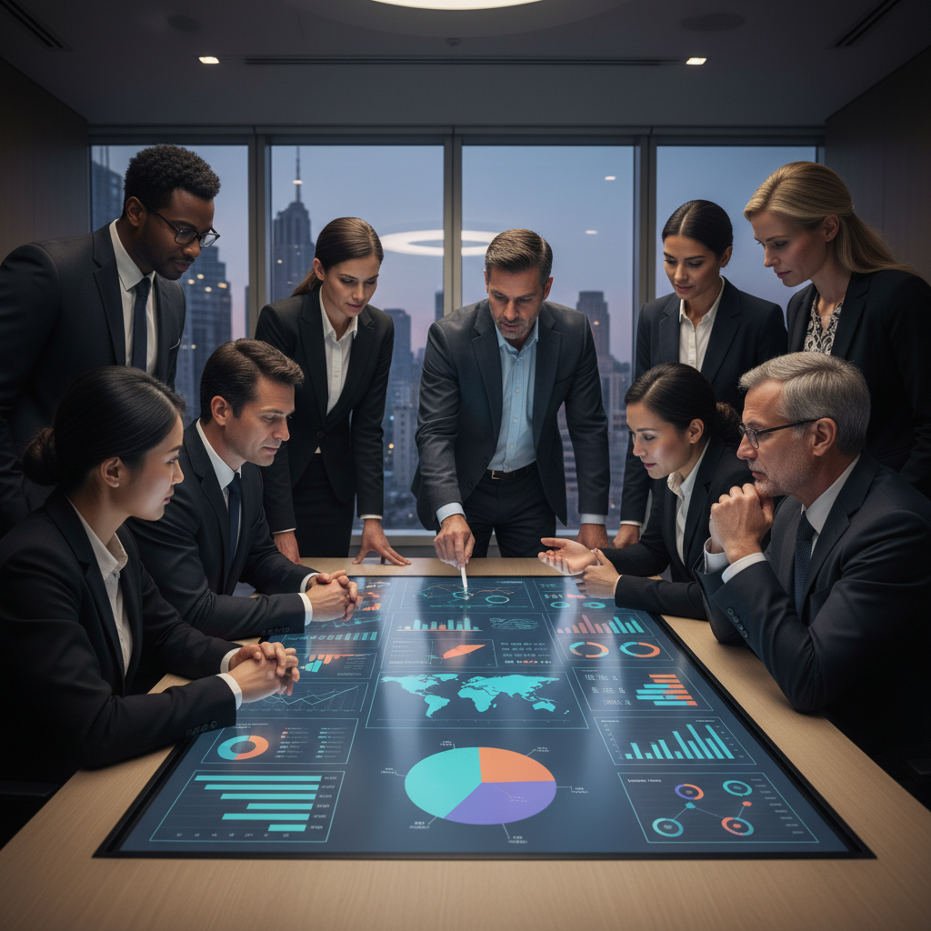 Équipe de professionnels de l'immobilier utilisant une solution PropTech définition en action sur un tableau de bord numérique