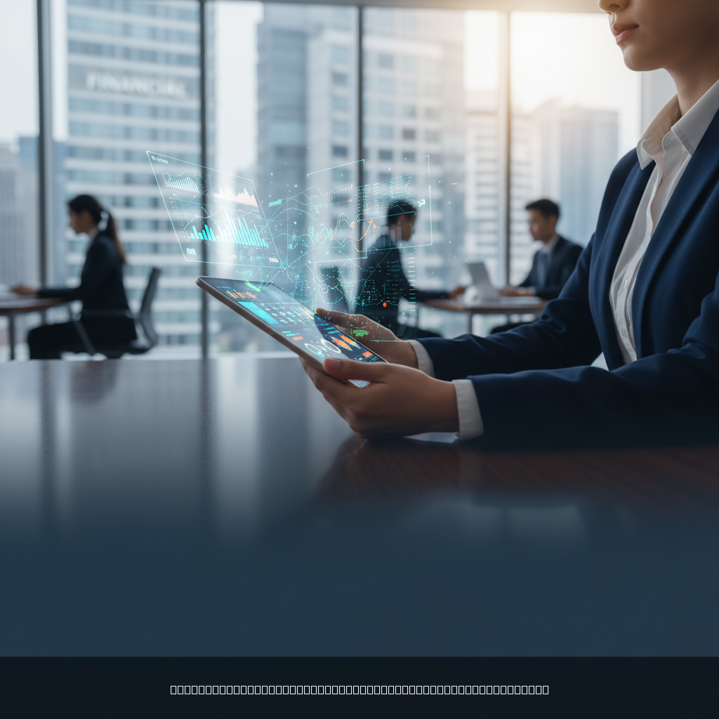 Professionnel utilisant une interface fintech services financiers sur tablette dans une banque moderne