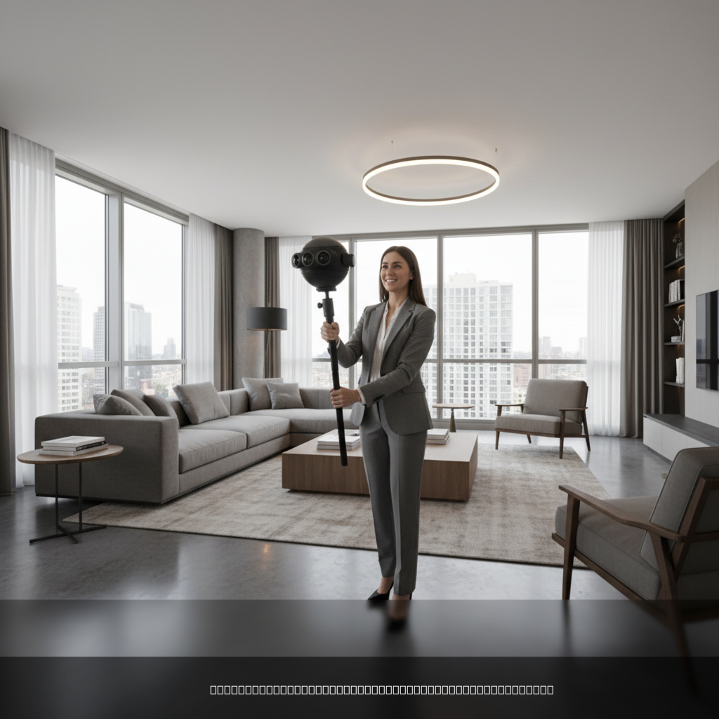 Agent immobilier réalisant une visite virtuelle immobilière avec caméra 360°