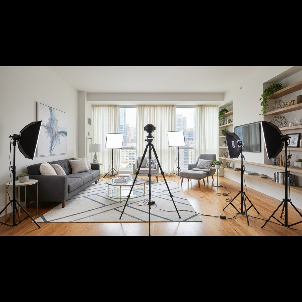 Pièce à vivre préparée pour la capture d'une visite virtuelle immobilière 360°