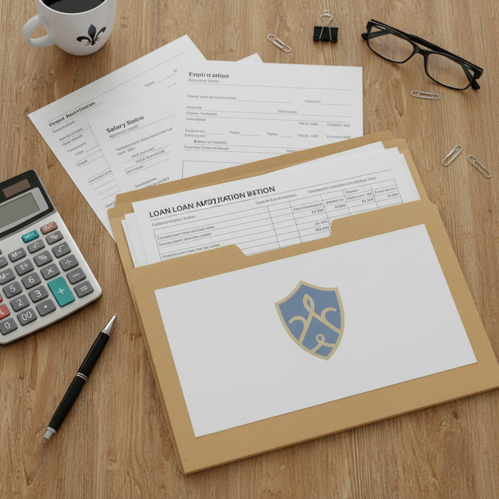 Dossier de recherche de financement bancaire immobilier avec documents et calculatrice