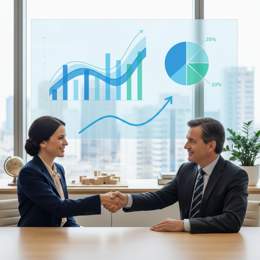 Professionnel de l'immobilier et banquier finalisant une recherche de financement bancaire immobilier