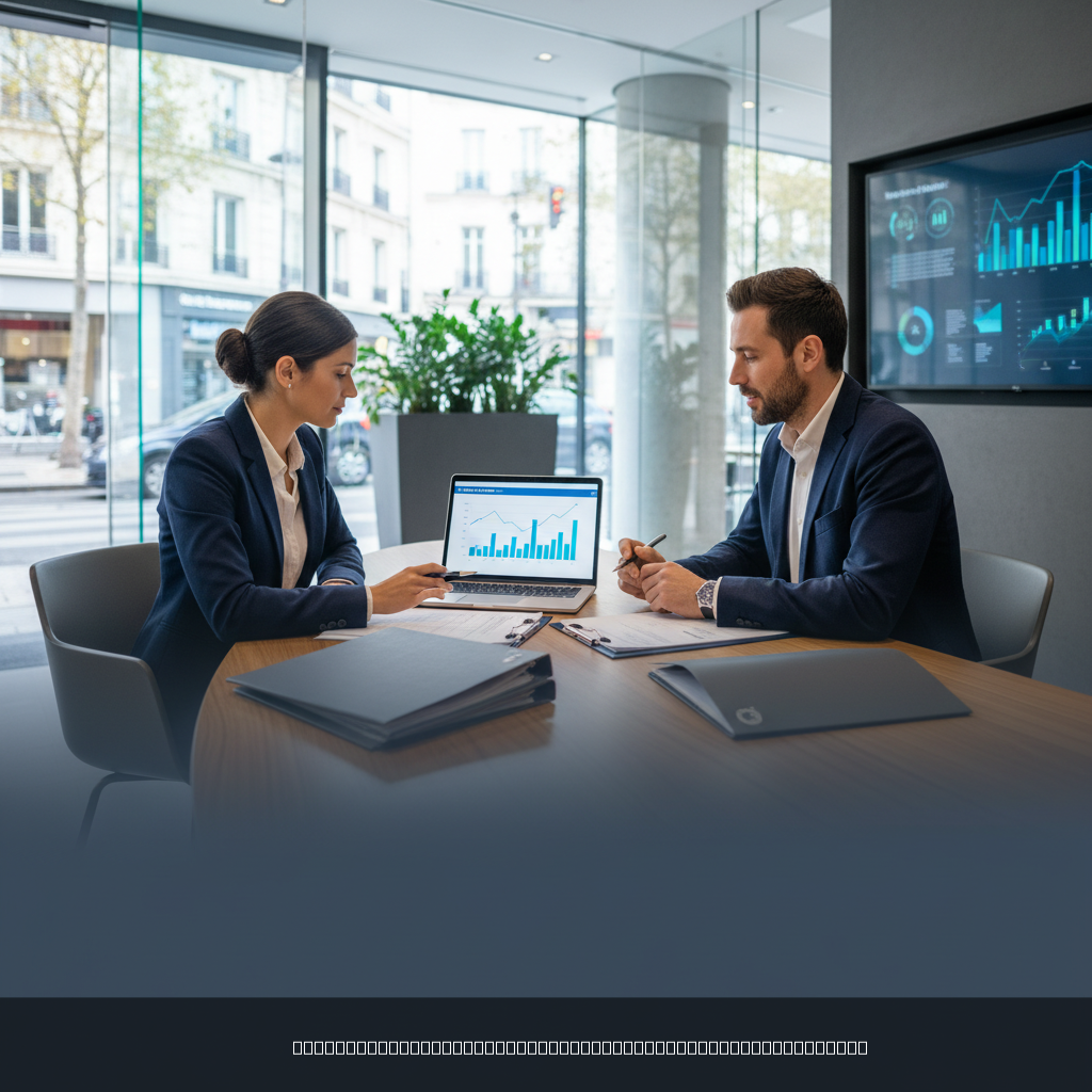 Conseiller bancaire analysant un dossier de recherche de financement bancaire immobilier avec un client