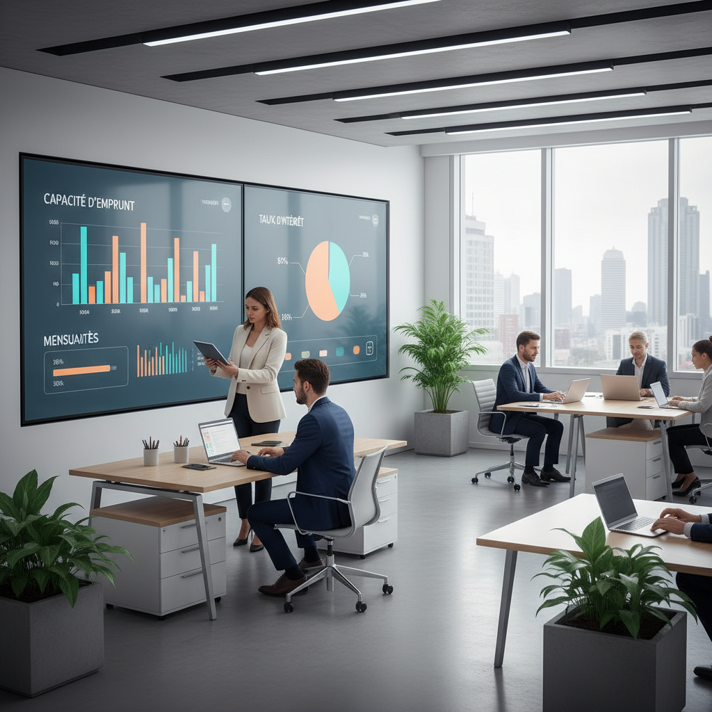 Professionnels de l'immobilier utilisant des outils digitaux pour analyser la capacité d'emprunt