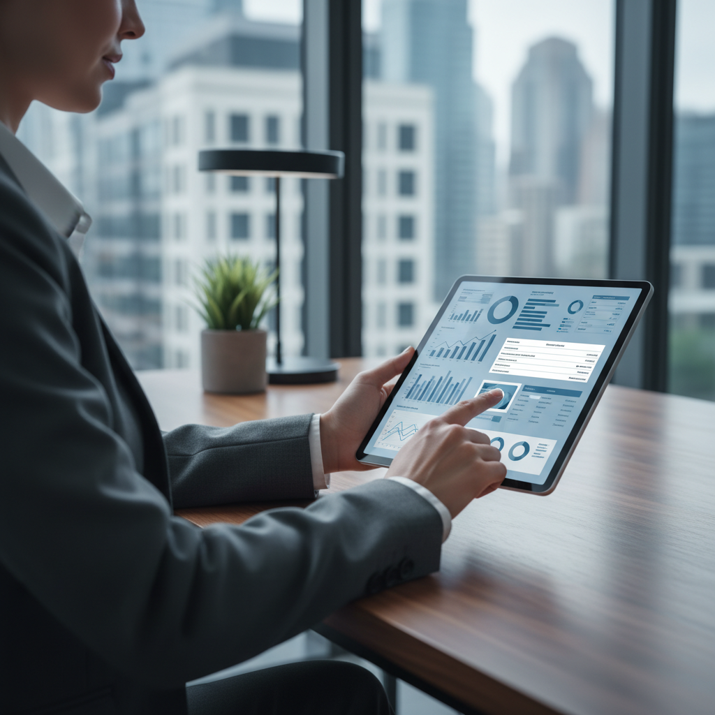 Professionnel de l'immobilier gérant des dossiers de crédit immobilier sur tablette numérique