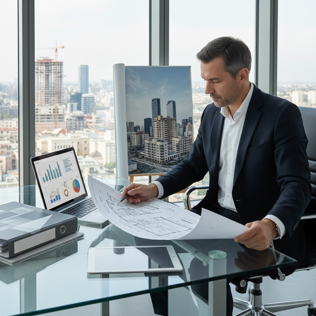 Promoteur immobilier analysant les plans et le bilan financier d'une opération de construction neuve