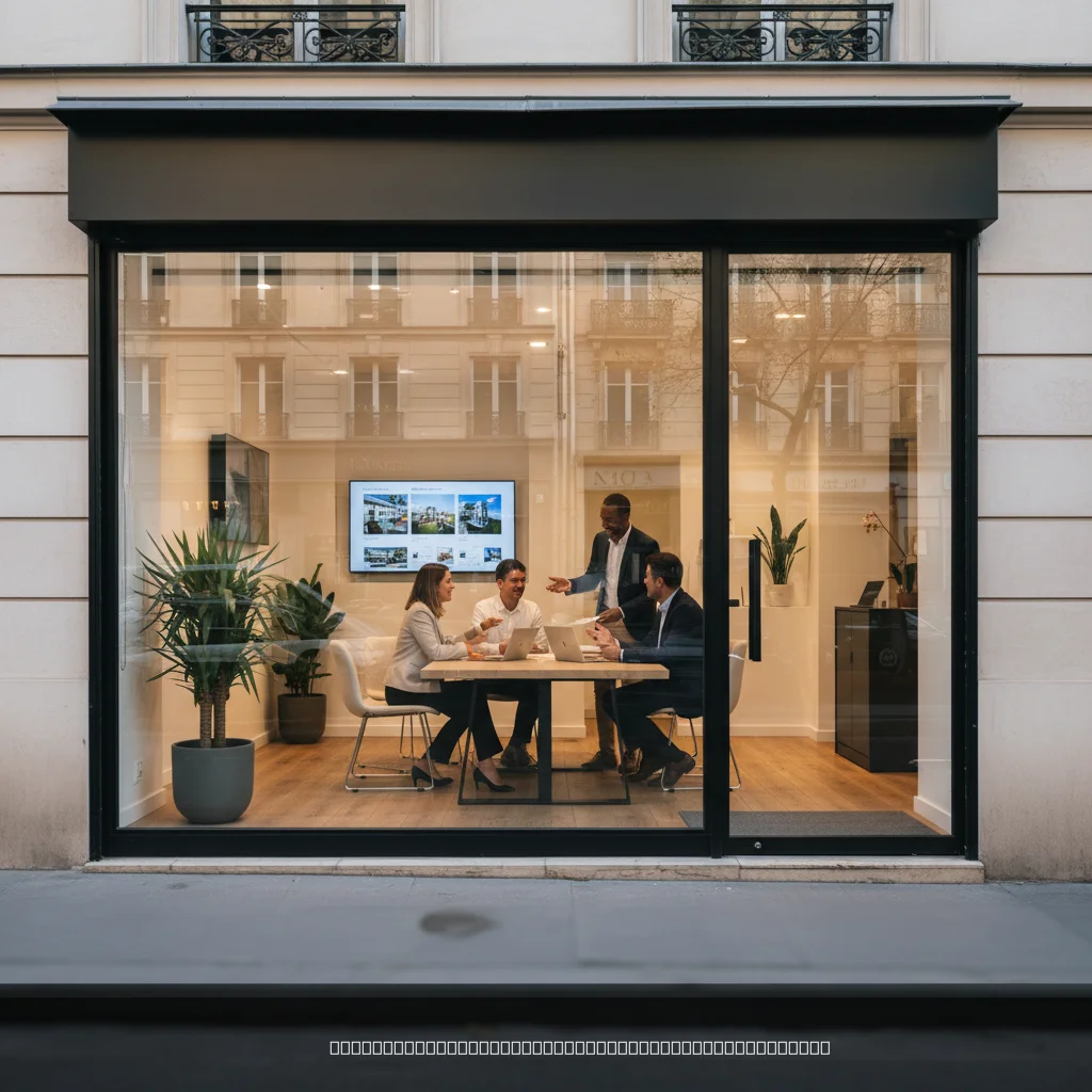 Façade d'une agence immobilière moderne en France avec équipe professionnelle visible