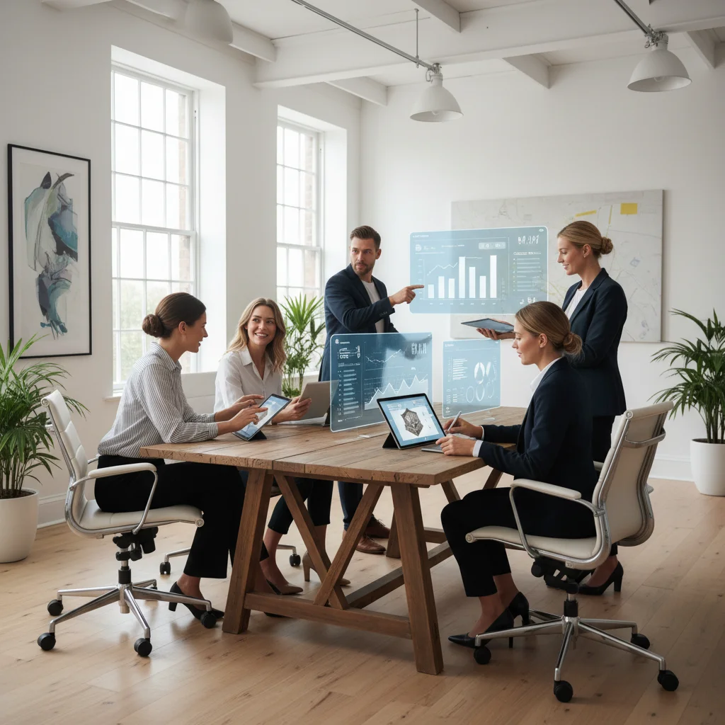 Équipe d'agence immobilière utilisant des outils numériques et tableaux de bord digitaux en 2026