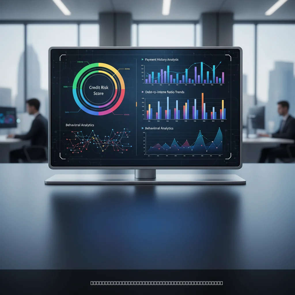 Interface de scoring crédit automatisé sur tableau de bord bancaire avec indicateurs de risque