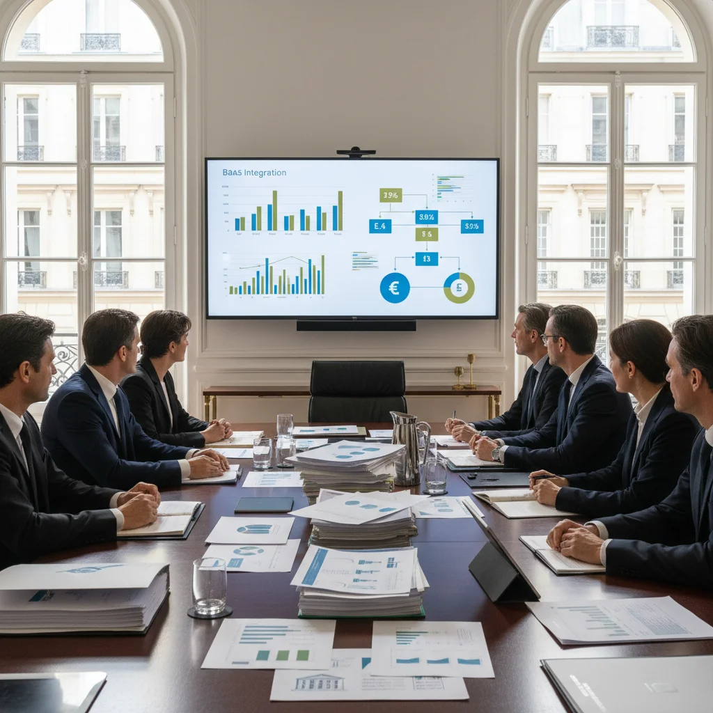 Professionnels évaluant une solution banking as a service dans une salle de réunion