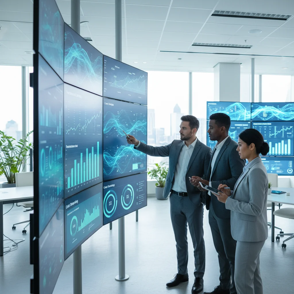 Professionnels utilisant une plateforme courtage immobilier avec tableaux de bord de performance