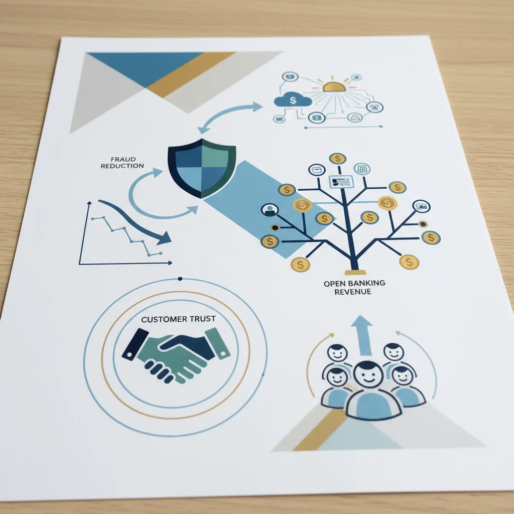 Infographie des bénéfices de la conformité PSD2 banques : réduction de la fraude, open banking et confiance client