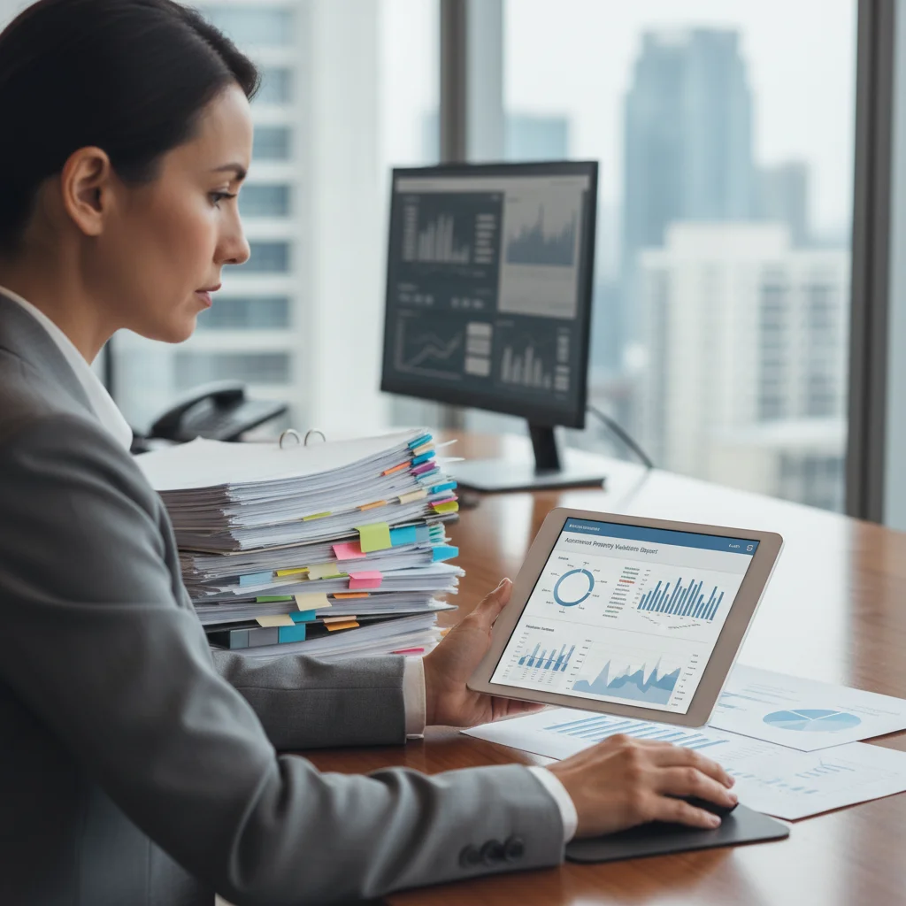 Chargé de crédit bancaire consultant un rapport d'évaluation immobilière automatisée sur tablette avec des documents de prêt