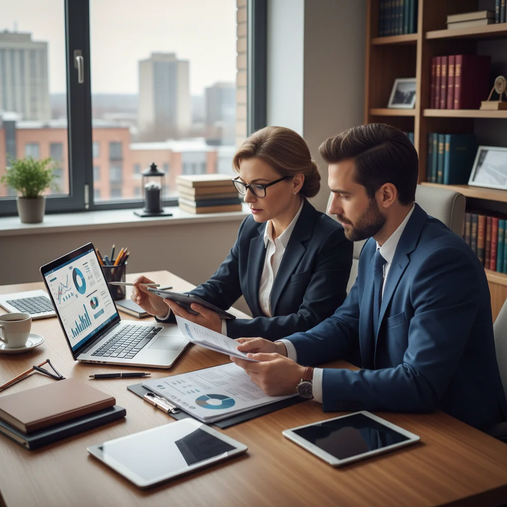 Notaire et banquier examinant ensemble un rapport d'évaluation immobilière automatisée dans un bureau professionnel