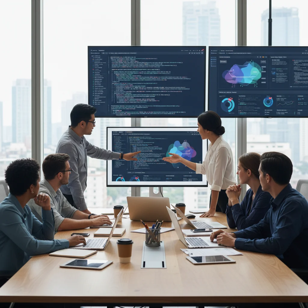 Équipe travaillant sur un projet d'intégration API banque avec tableaux de bord financiers et code