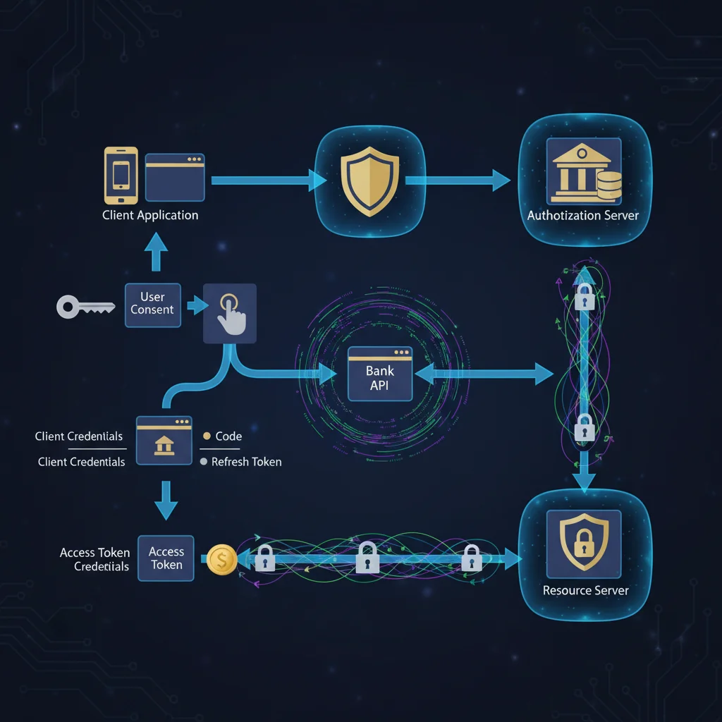 Diagramme du flux d'authentification OAuth 2.0 pour l'intégration API banque avec couches de sécurité