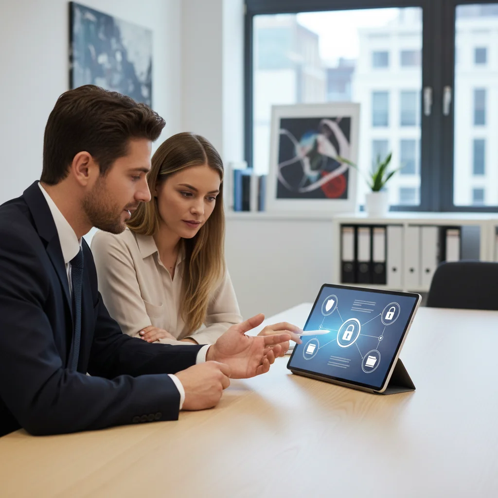 Notaire utilisant des workflows numériques notaires sur tablette avec ses clients