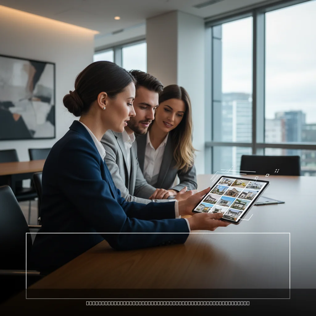 Personnalisation expérience client immobilier avec agent montrant des recommandations sur tablette