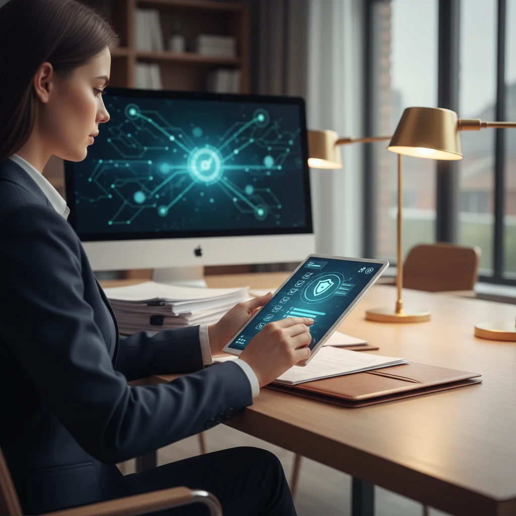 Professionnel du secteur bancaire ou notarial consultant un tableau de bord de gestion risques numériques sur tablette