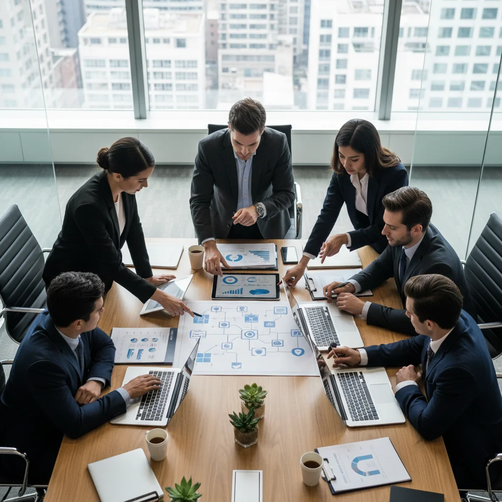 Équipe professionnelle travaillant sur une stratégie de gestion risques numériques avec documents et outils d'analyse