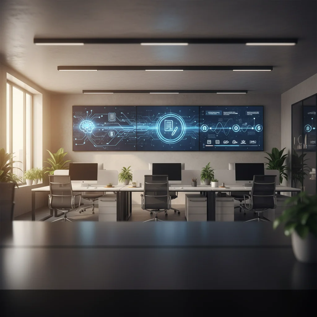 Automatisation intelligente immobilier dans un bureau d'agence avec tableaux de bord numériques