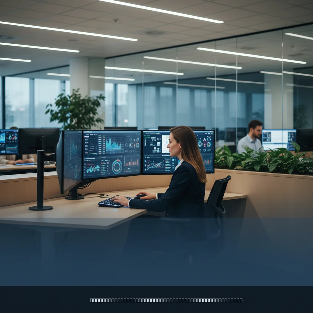 Gestion des données clients banque : analyste consultant des tableaux de bord dans un bureau bancaire moderne