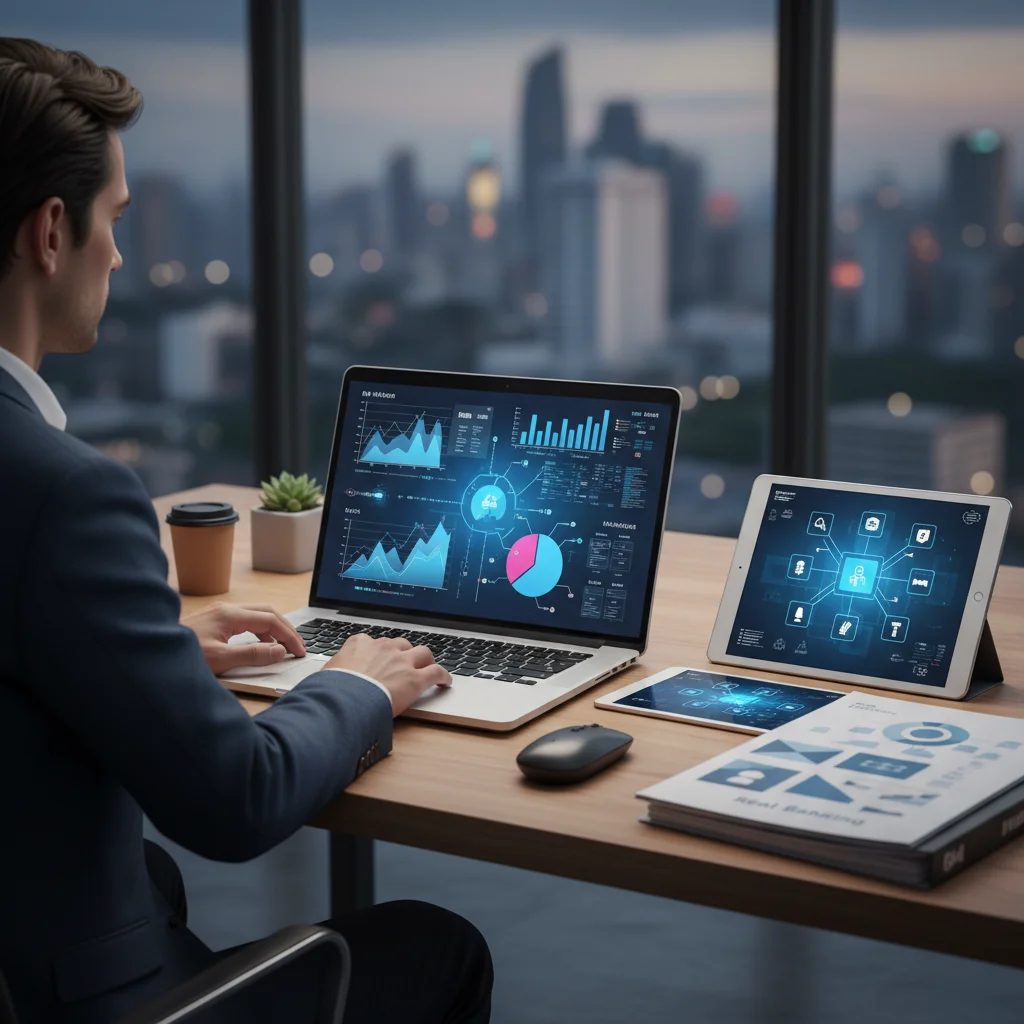 consultant en transformation numérique analysant des processus métier bancaires et immobiliers sur tableau de bord digital