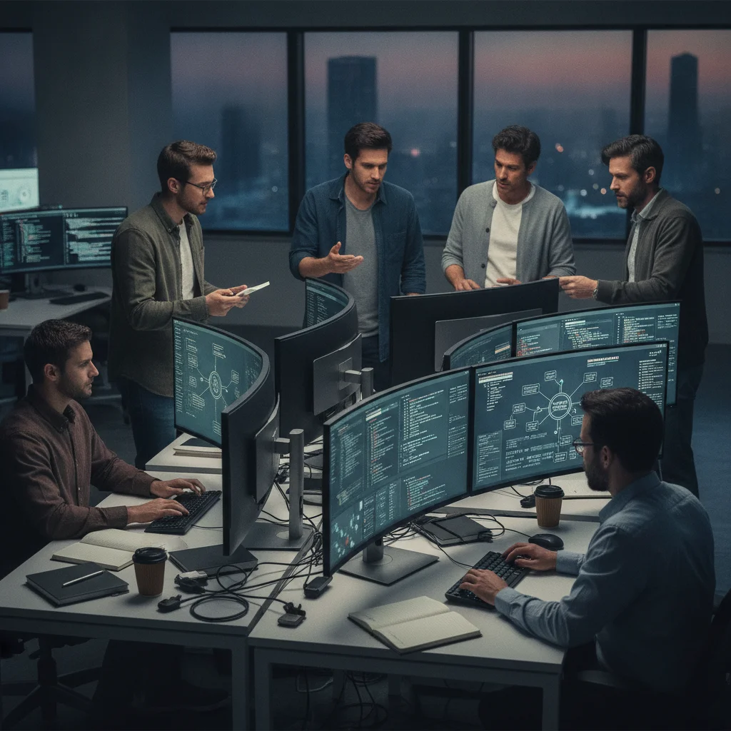 équipe de développement travaillant sur une banque solution technologique sur mesure avec diagrammes d'architecture