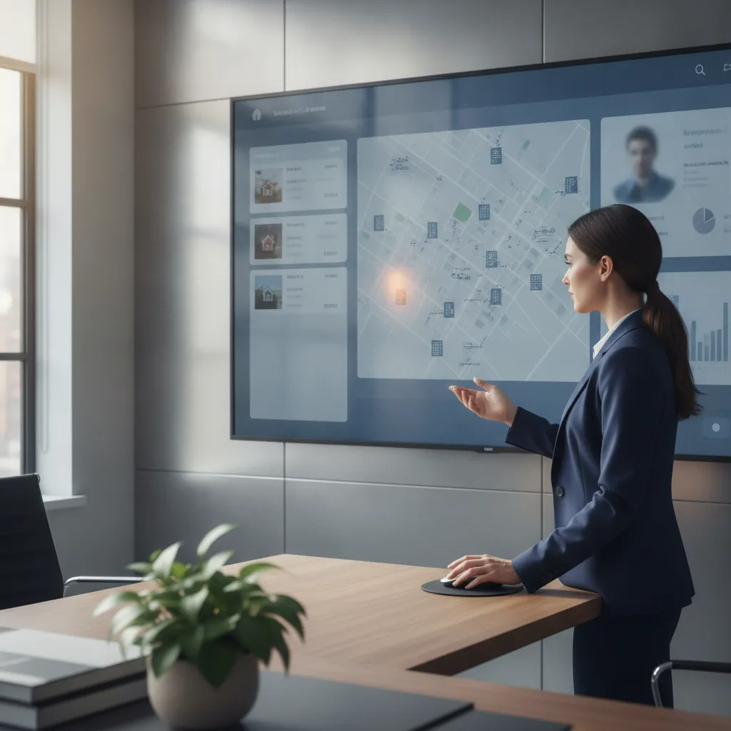 Agent immobilier utilisant un logiciel immobilier agence sur un écran moderne