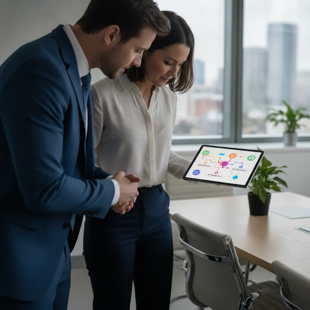 notaire et consultant keria tech discutant d'un logiciel de gestion de dossiers sur mesure
