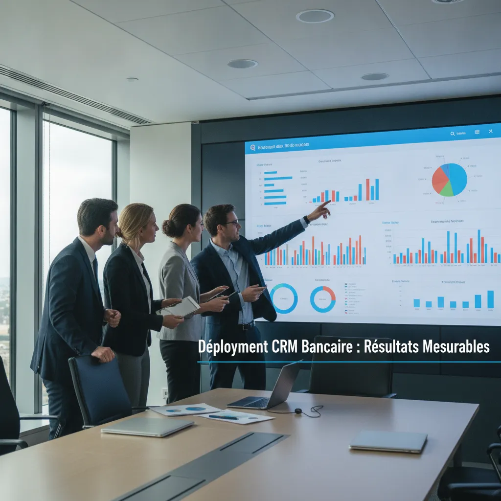 Équipe bancaire analysant les résultats d'un déploiement de solution CRM banque