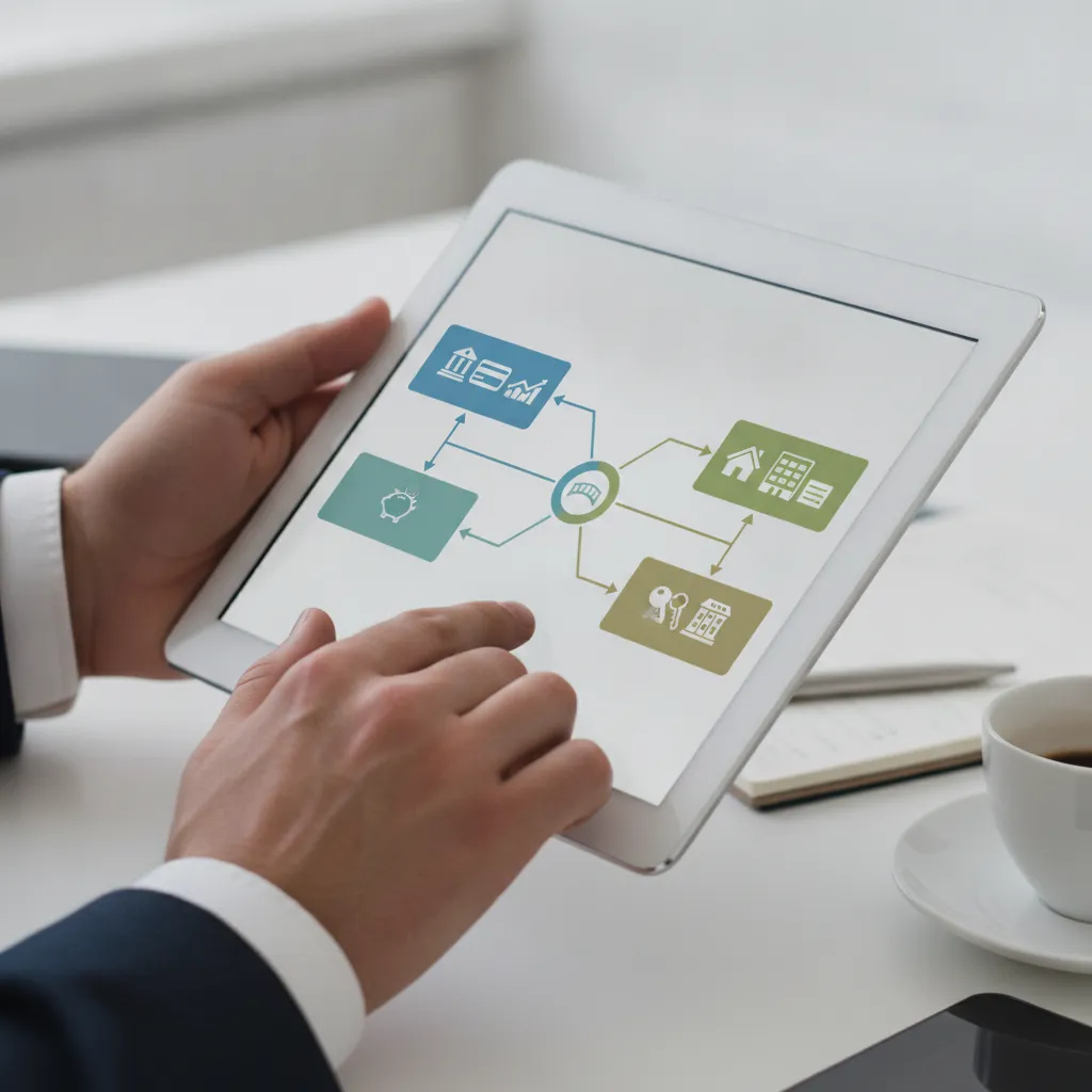 Processus d'accompagnement digital entreprise avec flux de travail numérique pour banque et immobilier