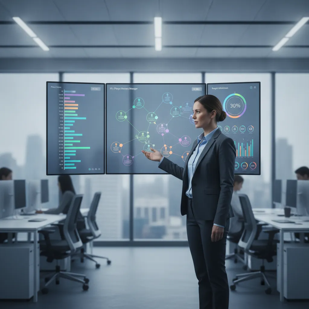 Chef de projet supervisant la gestion projets informatiques sur tableau de bord numérique