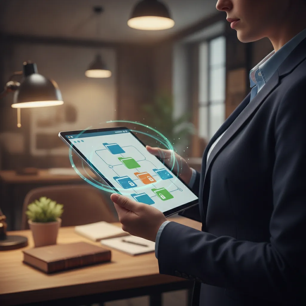 professionnel utilisant des outils gestion documentaire sur tablette dans un contexte notarial ou bancaire