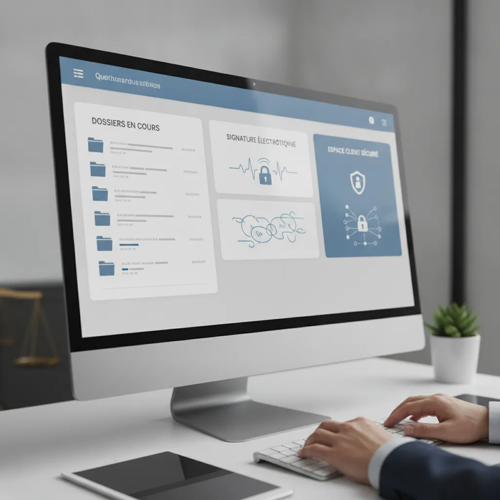 Interface plateforme numérique notaires avec tableau de bord de gestion de dossiers et signature électronique