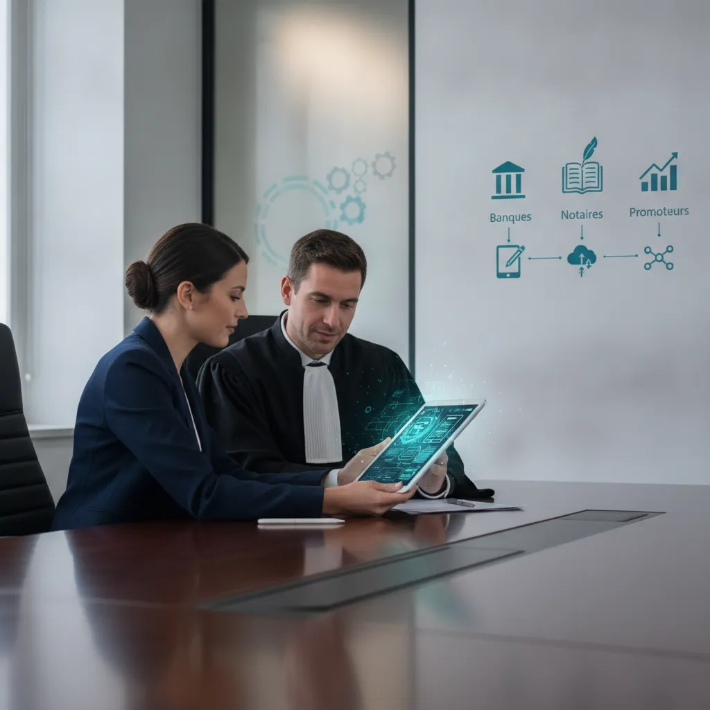 Conseiller bancaire et notaire consultant une application web sur mesure sur tablette dans un bureau professionnel
