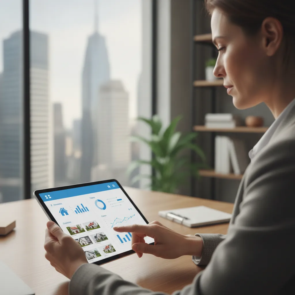 Agent immobilier consultant un logiciel cloud pour agence immobilière sur tablette en déplacement