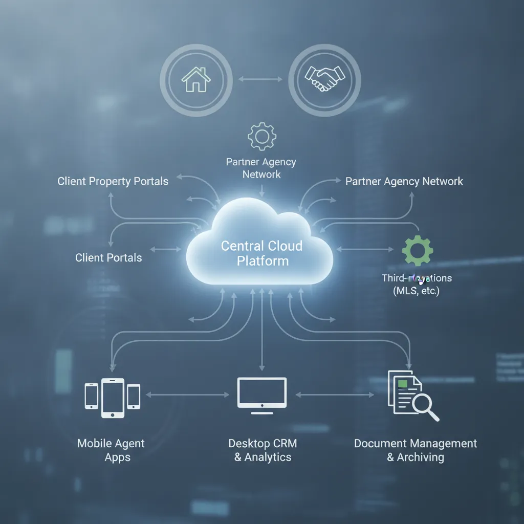 Architecture d'un logiciel cloud pour agence immobilière avec intégrations portails et gestion documentaire