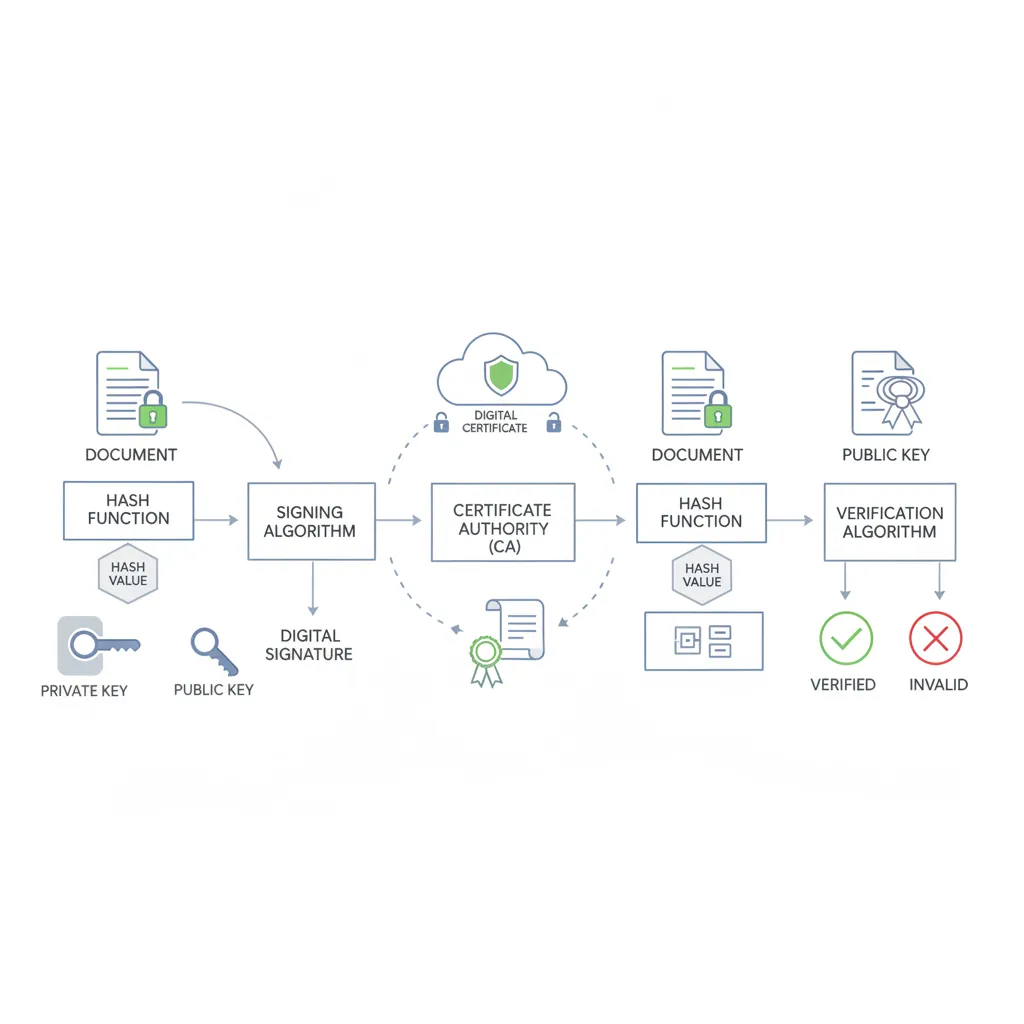 Schéma du fonctionnement de la signature numérique documents par cryptographie asymétrique