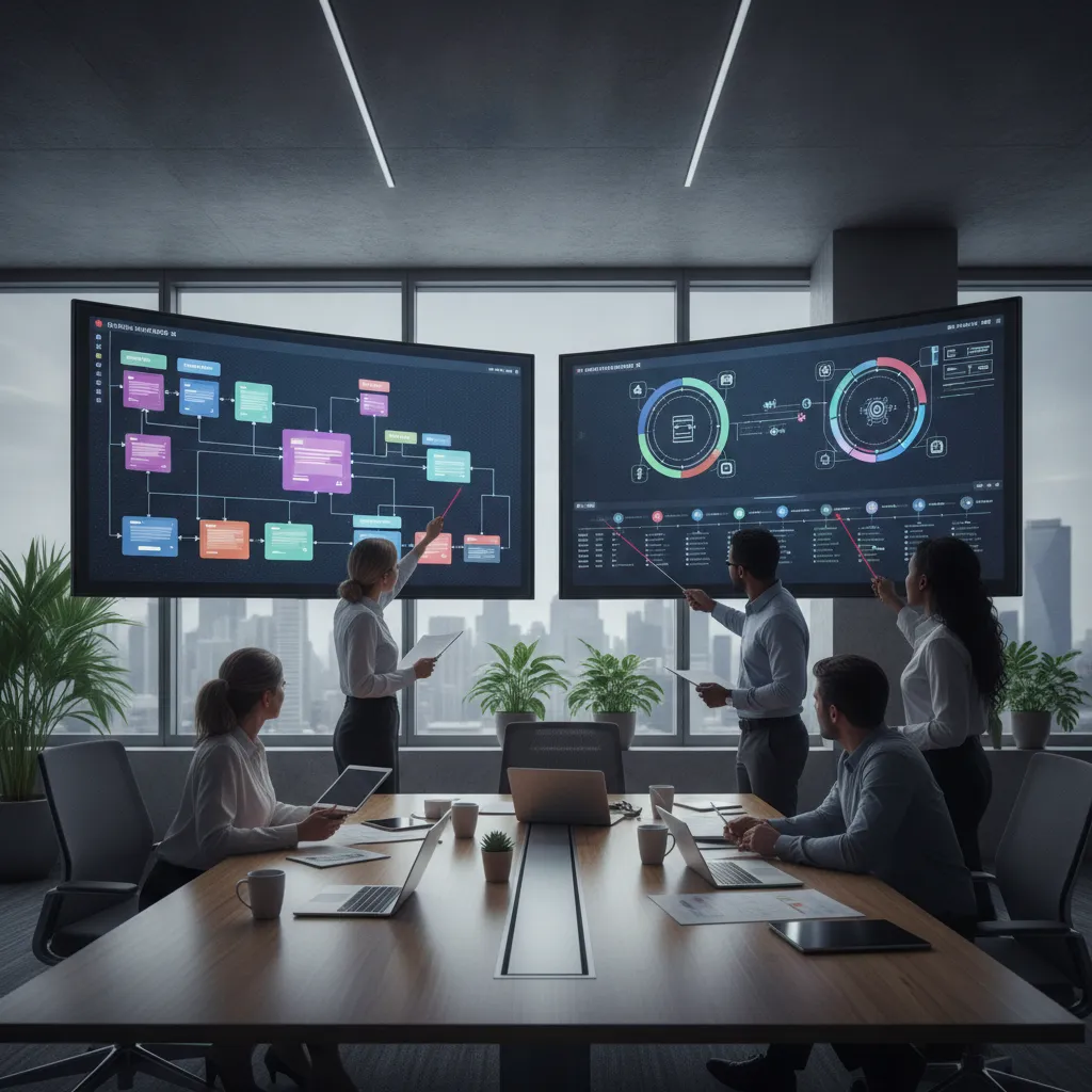 Équipe technique analysant une architecture d'intégration système informatique en 2026