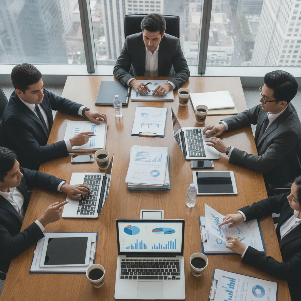 réunion stratégique autour de la transformation digitale secteur financier avec outils numériques et documents de conformité