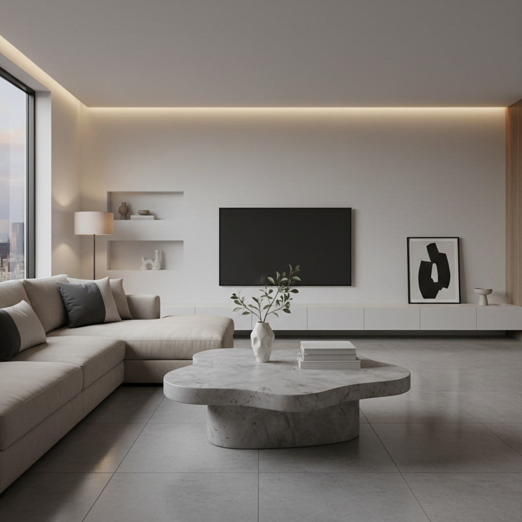 table basse béton ciré sur mesure dans intérieur contemporain élégant