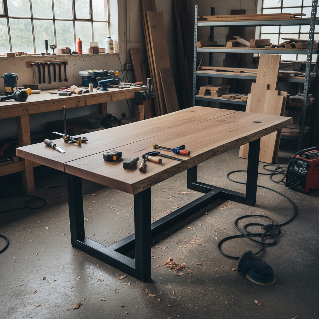 fabrication artisanale table piètement bois métal atelier belge