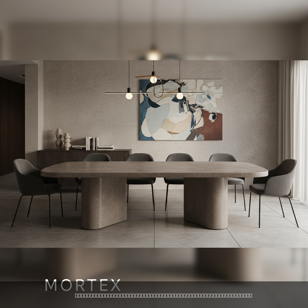 table à manger sur mesure en béton ciré Mortex dans salle à manger contemporaine