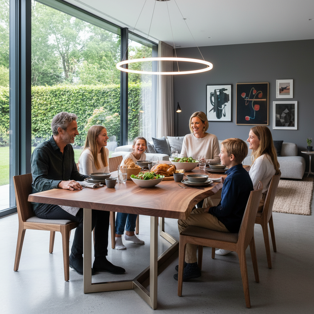 famille réunie autour d'une table à manger sur mesure en Mortex dans salle à manger moderne