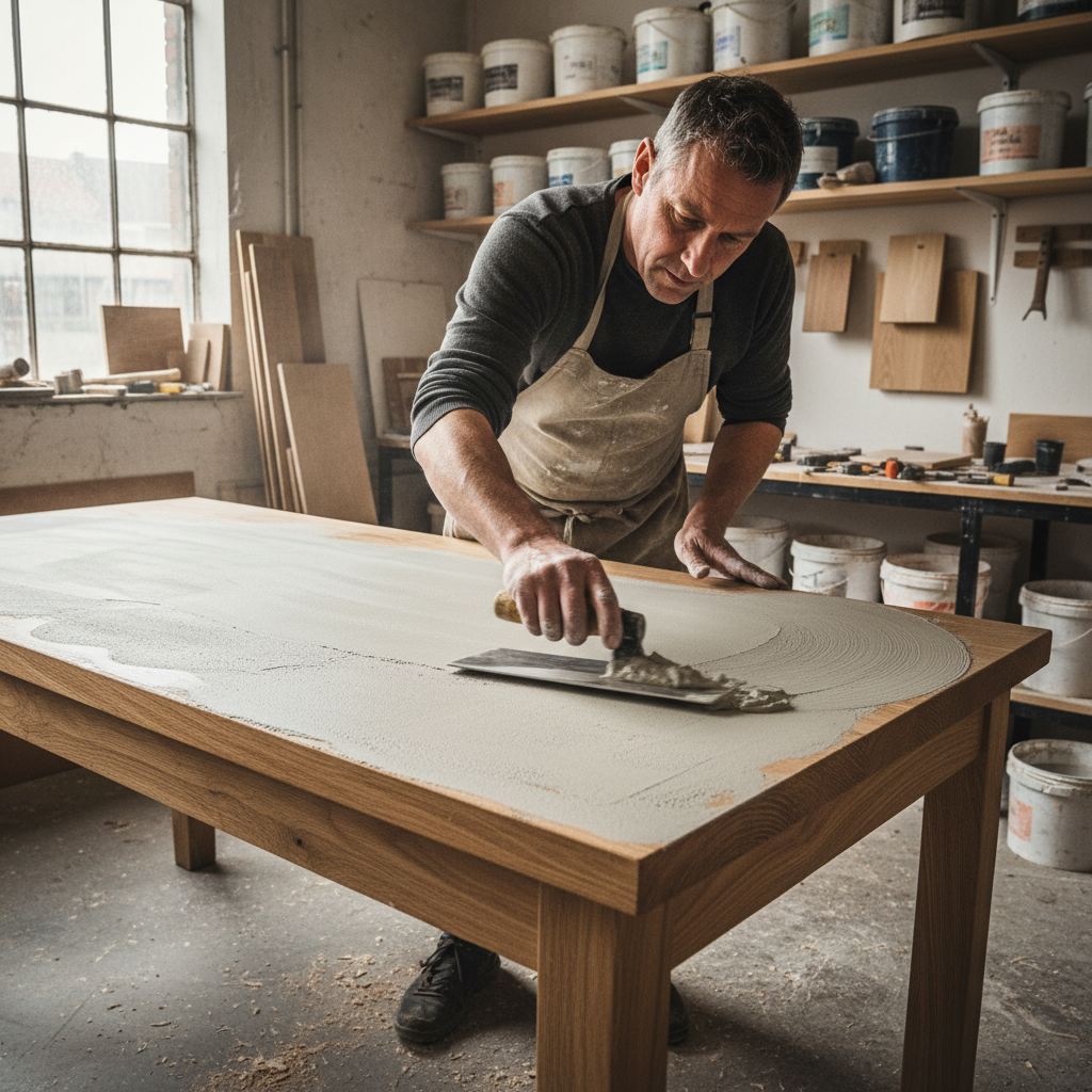 artisan façonnant une table à manger sur mesure en Mortex dans atelier belge