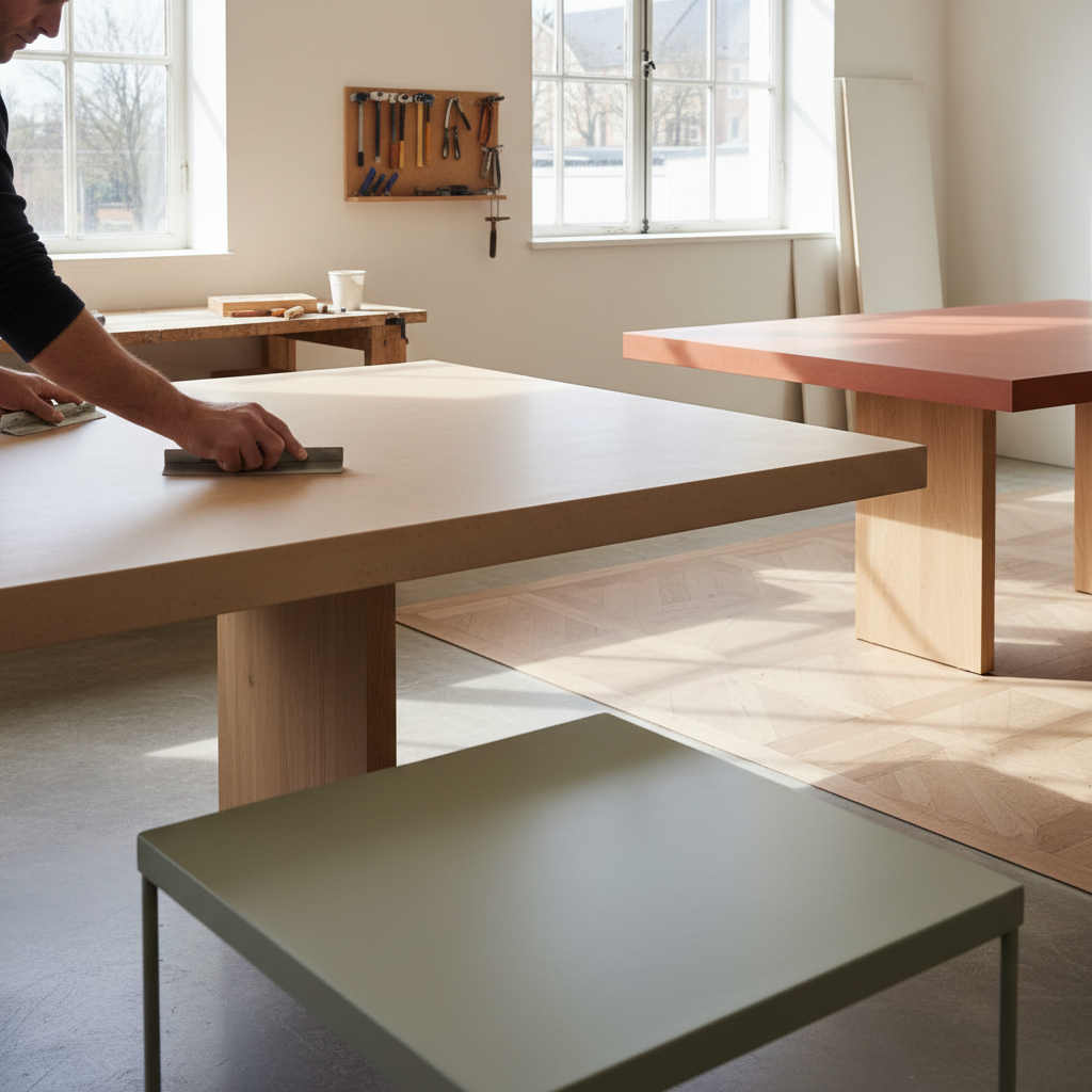 Fabrication artisanale mortex furniture dans atelier belge traditionnel
