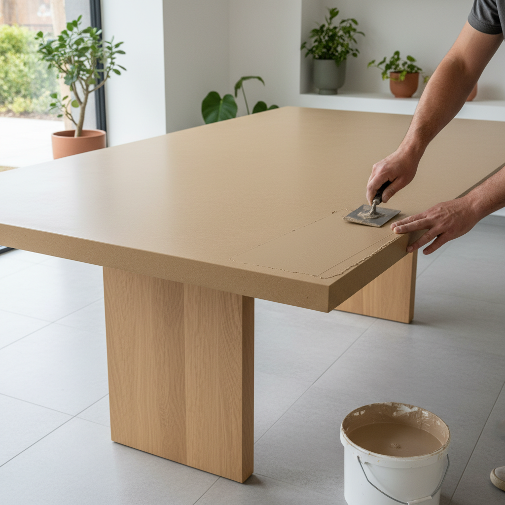 Application artisanale du Mortex pour fabrication table béton ciré