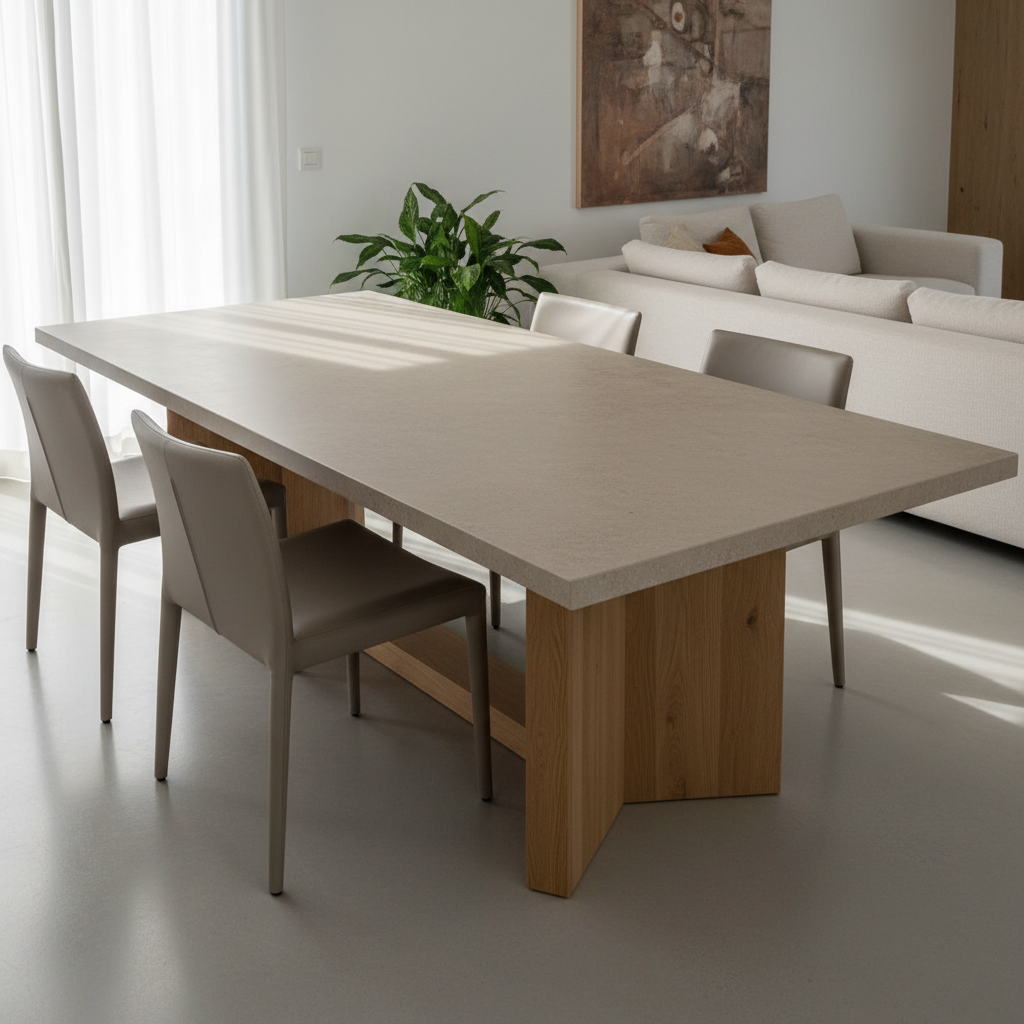 Entretien surface béton ciré table mortex salon contemporain