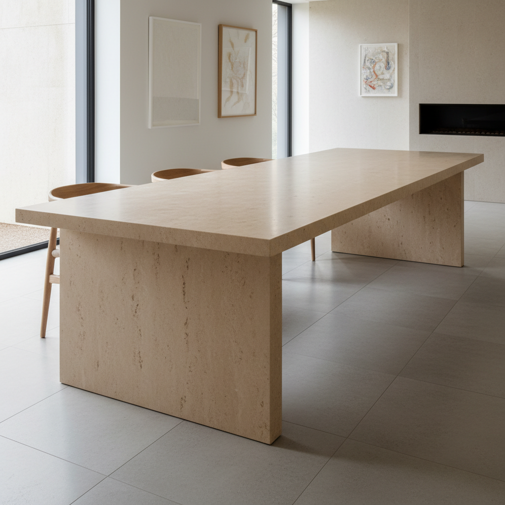 Grande table familiale en mortex montrant l'adaptation des dimensions à l'espace